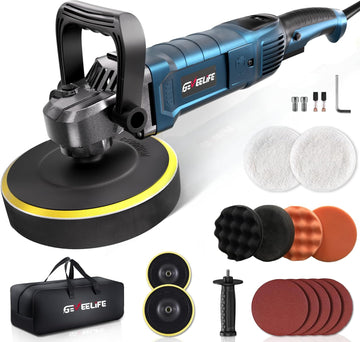 1600W rotary buffer polisher for car, boat, and furniture, with 7-speed settings and detachable handles.